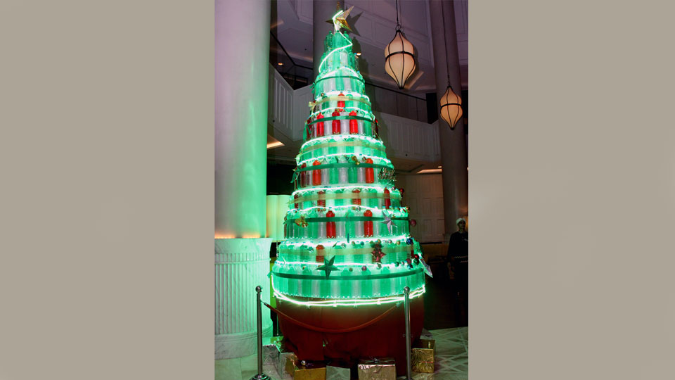The hotel’s unique Christmas tree, made of recycled water bottles