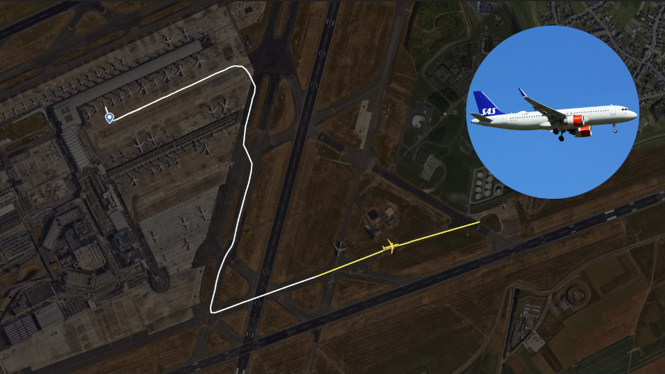 Scandinavian Airlines flight attempts taking off from taxiway at Brussels Airport