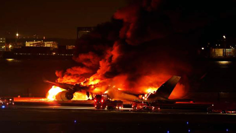 Japan Airlines plane bursts into flames at Haneda  Airport, 379 people onboard safely evacuated