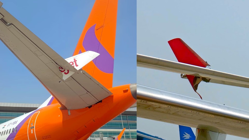 SpiceJet aircraft clips Akasa Air plane at Delhi Airport